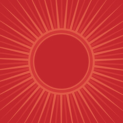 Sunlight rays retro background with round frame for text. bright red color burst background.
