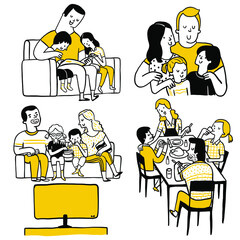 Doodle illustration collection of family member spending time together, reading book, watching TV, having dinner. Multi-ethnic, diversity, outline, linear, thin line art, hand drawn sketch design.