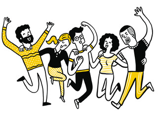 cute and funny character of diverse people jumping in the air, in concept of friendship, happy, freedom, winning, celebration, togetherness. Diversity, multiracial, man and woman. Doodle style.