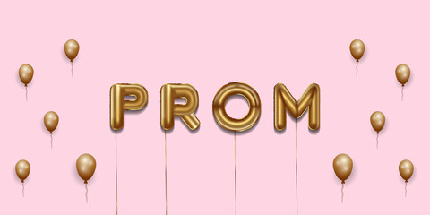 prom written with foil gold balloons. prom lettering with realistic gold balloons. bride to be typography. isolated vector design. prom background with copy space