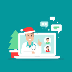 Doctor on the laptop screen with Christmas Santa hat. Holidays Medical internet consultation or webinar.