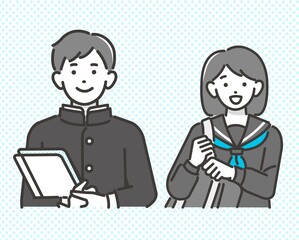 セーラー服や学ランを着る男女の学生の上半身のベクターイラスト素材／制服／高校生／中学生