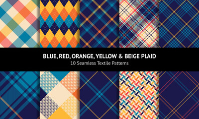 Plaid pattern set. Colorful blue, orange, red, yellow, beige seamless spring summer autumn winter tartan check plaid for flannel shirt, skirt, dress, jacket, other modern fashion textile design. - 473682053