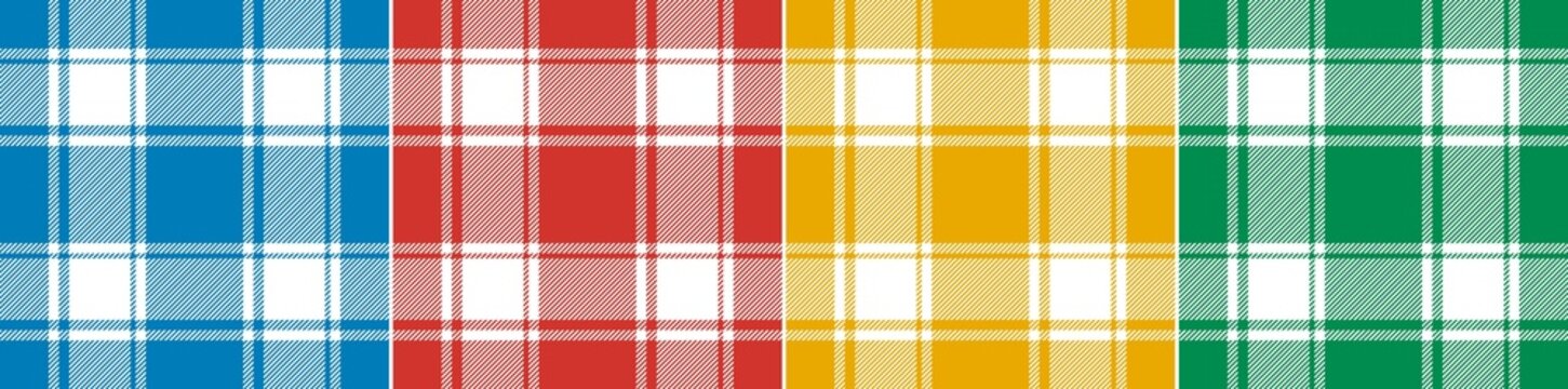 Check pattern set in colorful blue, red, green, yellow, white. Seamless bright tartan plaid vector print for spring summer flannel shirt, skirt, blanket, duvet cover, other modern fashion fabric.