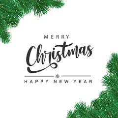 Christmas and Happy New Year tree branches border with handwriting lettering. Vector.