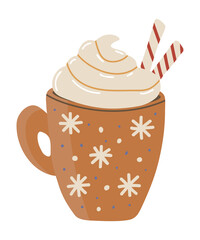 Vector isolated element. Hot chocolate or cocoa with cream. Christmas drink. Christmas mug. Color image on a white background. The print is used for packaging design.