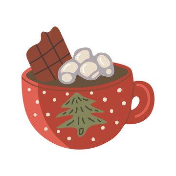 Vector isolated element. Hot chocolate or cocoa with marshmallows. Christmas drink. Christmas mug. Color image on a white background. The print is used for packaging design.