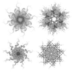 Set of four black snowflakes on a white background. Abstract computer generated fractal image of a snowflake. Illustration, isolate. Use as a stamp or brush