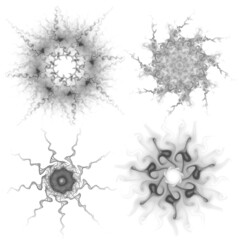 Set of four black snowflakes on a white background. Abstract computer generated fractal image of a snowflake. Illustration, isolate. Use as a stamp or brush