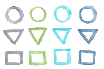 Vintage watercolor brush strokes geometric shapes - circle, triangle, square. Set of hand-drawn elements for design. Use for logo or web design