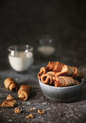 bagels with milk. cakes with apple and milk. sweet homemade cakes on the dining table