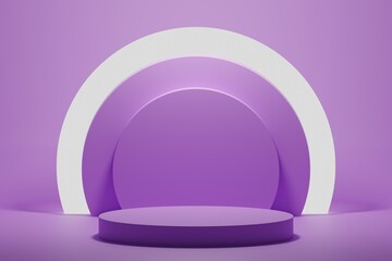 Purple geometric podium with glowing circle and minimalistic elements background 3d illustration