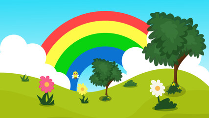 landscape vector Children illustration background design with two tree cloud flower and rainbow  for education business and other 
