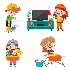 Set Of Children Doing Various Houseworks