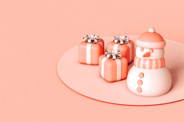 Pink Snowman standing with presents on pink background