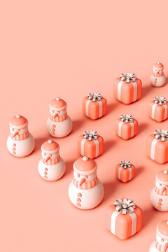bunch of snowmen and Xmas present on pink background.