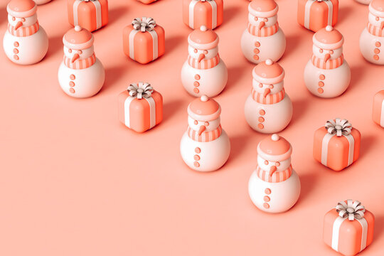 pattern of snowmen and Xmas presents with copy space.