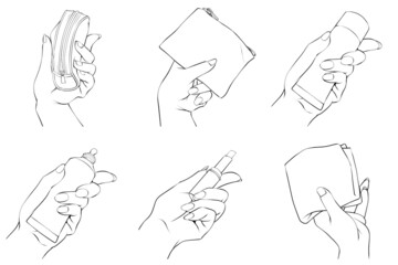 ポーチや化粧品やハンカチを持つ女性の手