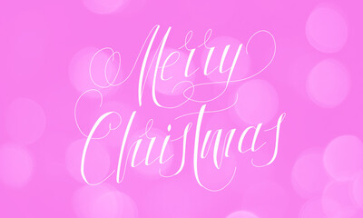 Happy New Year and Merry Christmas! card, banner, flat lay, with text - Merry Christmas.  pink background, bokeh