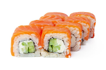 Classic philadelphia sushi roll with cheese and cucumber isolated at white background