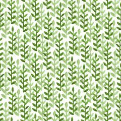 Seamless watercolor pattern of green twigs and leaves.