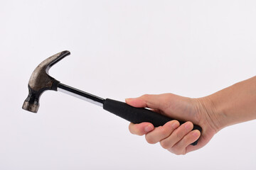Hand holdind hammer on white background