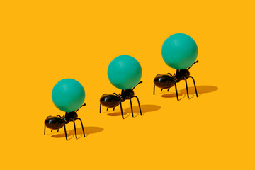 three aints carrying green spheres