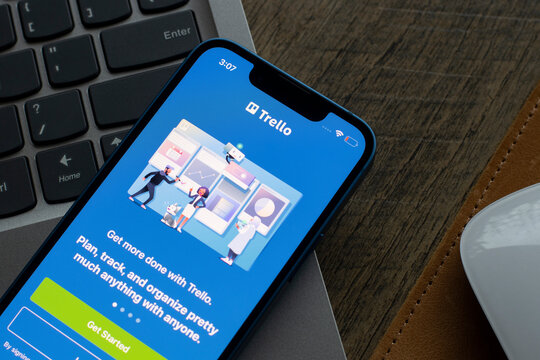 Portland, OR, USA - Dec 6, 2021: Trello mobile app login page is seen on an iPhone. Trello is a Kanban-style project management application developed by Trello Enterprise, a subsidiary of Atlassian.