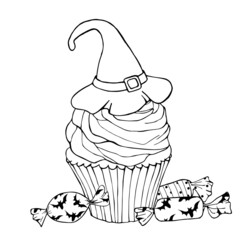 Trick or treat. Happy halloween. Witch hat, cupcake, sweets, candies. Vector illustration isolated on white background. Outline freehand drawn for holiday. Coloring book page. Template for bar menu