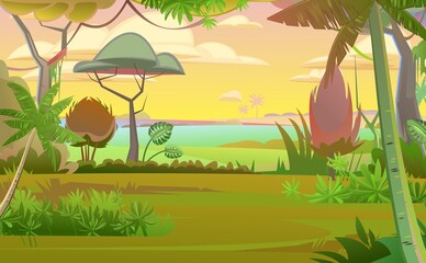 Rainforest trees. Morning sunrise dawn or evening sunset. Dense thickets. View from jungle forest. Tropical forest panorama. Southern Rural Scenery. Illustration in cartoon style flat design. Vector