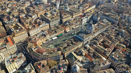 Aerial drone photo of famous elliptical Piazza Navona an elegant square dating from the 1st century A.D., with a classical fountain, street artists and bars a true tourist attraction, Rome, Italy