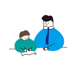 A scene where a man wearing a tie teaches a child with a troubled face to study. 