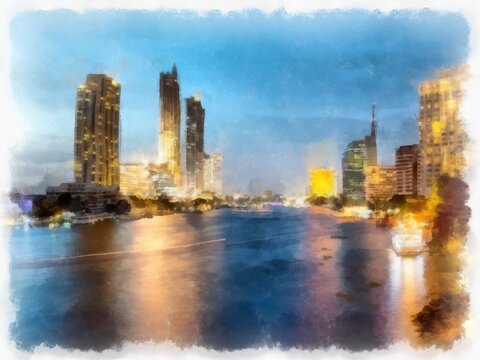 Landscape of Chao Phraya River in Bangkok with tall buildings at night watercolor style illustration impressionist painting.