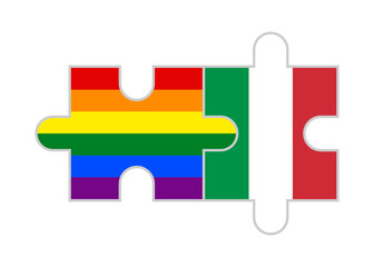 puzzle pieces of rainbow and italy flags. vector illustration isolated on white background	