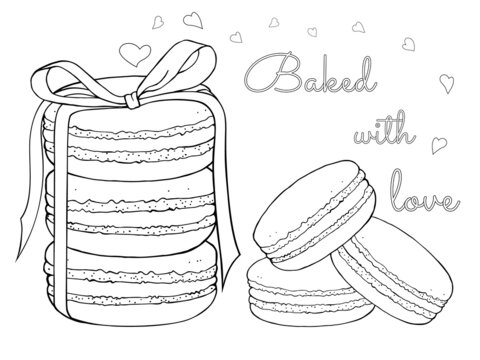 Macarons tied with ribbon. Valentine day. Outline freehand drawn for holiday. Sweet delicious dessert. Vector illustration isolated on white background. Separate objects. Coloring book page
