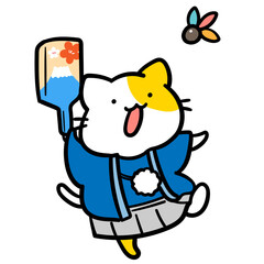 正月に羽根つきをするかわいいねこのキャラクターの手書き風イラスト