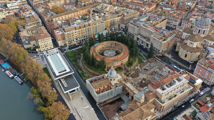 Aerial drone photo of iconic Mausoleum of Augustus  - remains of Roman emperor's circular, raised...