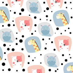 Vector illustration of cute animal seamless pattern, zebra, hippopotamus, cat.