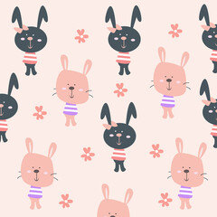 pink background cat and rabbit seamless pattern