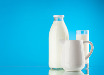 Milk bottle, glass and pitcher