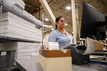 Warehouse Worker entering data in computer 