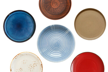 clean empty handmade ceramic plate isolated on white background, food dishes for cut out and design, copy space and mock up template.