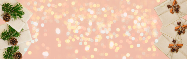 eco friendly merry christmas gift in craft paper wrapping, zero waste reusable concept, natural decor and sustainable lifestyle no people.