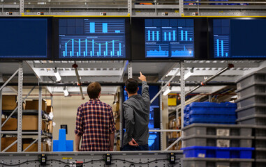 Worker looking up at work status board at factory