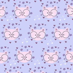 Vector illustration of purple cute cat seamless pattern