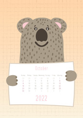 2022 october calendar, cute koala animal holding a monthly calendar sheet, hand drawn childish style