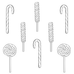 Set of lollipops (lollypops, candy canes) in traditional Christmas style. Design elements for for a holiday card. Vector illustration isolated on white background. Hand-drawn. Coloring book page