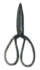 Handpainted watercolor illustration of vintage rustic garden scissors from calming teas herbal collection.