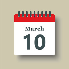 Icon day date 10 March, template calendar page