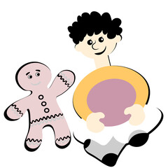 the boy sits cross-legged and smiles at the gingerbread man. Design element